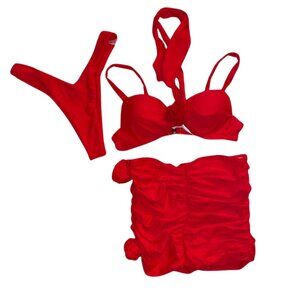 New Rosette Red High Rise Bikini Set With Ruched 3D Flower Detail Mini Skirt
